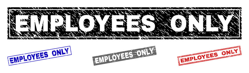 Grunge EMPLOYEES ONLY rectangle stamp seals isolated on a white background. Rectangular seals with grunge texture in red, blue, black and gray colors.