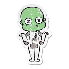 distressed sticker of a confused weird bald spaceman
