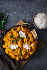Vegetarian indian food Cauliflower curry basmati rice naan bread Healthy food