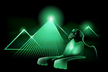 Neon Sphinx The image of the Egyptian Sphinx and the pyramids in neon light. Illustration, vector. EPS-10.