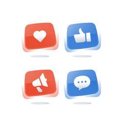 Social media marketing, thumb up button, online messaging, vector icon set