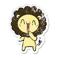 distressed sticker of a happy cartoon lion