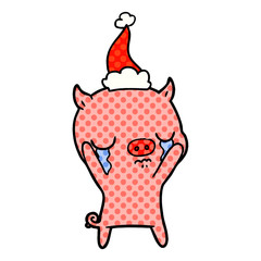 comic book style illustration of a pig crying wearing santa hat