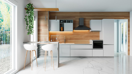 Modern white kitchen with wooden wall and marble floor, modern spot lamps, minimalistic interior design concept idea, island with stools and plants, garden, 3D illustration