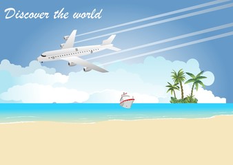 Fototapeta na wymiar Passenger Jet plane flying above ocean and tropical beach, travel poster. Vector illustration.