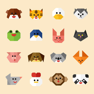 Animal faces set of origami concept. flat design style minimal vector illustration