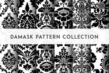 Set of Vector seamless damask patterns. Rich ornament, old Damascus style pattern for wallpapers, textile, packaging, design of luxury products - Vector Illustration - obrazy, fototapety, plakaty