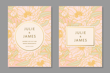 Set of Vintage Wedding Invite template with floral background of flowers peons, with gold decorated banner. Vector invitations