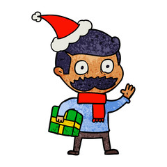 textured cartoon of a man with mustache and christmas present wearing santa hat