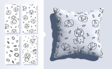 Set of Kawaii seamless pattern with cute pigs. 3d pillow mockup. Vector illustration