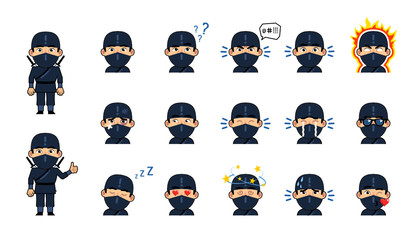 Set of chibi ninja emoticons. Kawaii ninja emojis showing diverse facial expressions. Dazed, angry, in rage, in love, tired, thinking, sleeping and other emotions. Simple vector illustration © paper_owl
