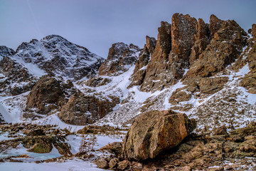 Snowshoeing to the top of Sky Pond in Rocky Mountain National Park in Estes Park, Colorado
