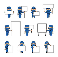 Set of ninja characters in blue outfit posing with various blank banners. Funny ninja holding paper, poster, placard, pointing to whiteboard. Simple vector illustration
