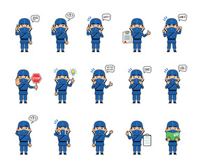 Set of ninja characters showing various actions, emotions. Funny ninja in blue outfit talking on phone, reading a book, thinking, surprised, angry and doing other actions. Simple vector illustration