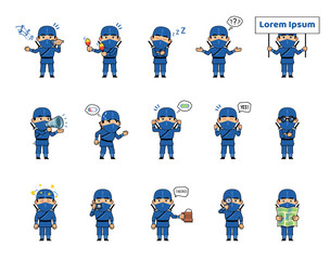 Set of ninja characters in blue outfit showing various actions. Funny ninja celebrating, holding map, magnifier, dazed, sleepy, thinking and doing other actions. Simple vector illustration © paper_owl