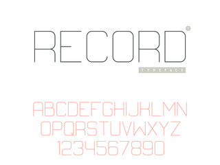 Obraz premium Vector thin line uppercase font. Latin alphabet letters and numbers