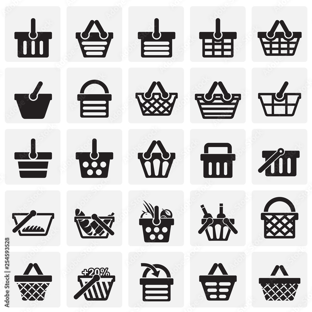 Poster shop basket icons set on squares background for graphic and web design. simple vector sign. internet