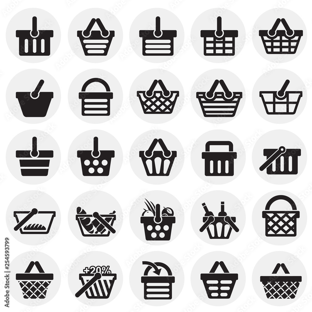 Poster shop basket icons set on circles background for graphic and web design. simple vector sign. internet