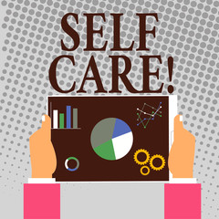 Writing note showing Self Care. Business concept for Protection you give to yourself Individual control checking