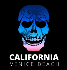 Colorful skull silhouette with palm trees pattern. T-shirt print, design for youth, teenagers.