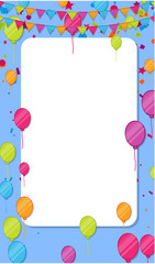 Blue festive background with white frame, colorful flags, balloons and confetti. Design for kids in cartoon style.