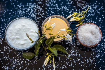 Best face pack for lightening up your face or for instant glow on wooden surface i.e.  Jasmine flower leaves well mixed with sandalwood and water and curd or yogurt.