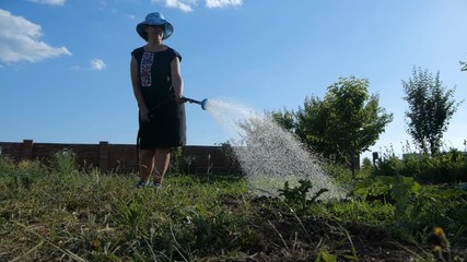 Cheery woman with a green thumb watering her garden in summer in slo-mo