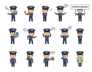 Set of policeman characters showing various actions, emotions. Police officer celebrating, sleeping, holding placard, loudspeaker, map, magnifier and doing other actions. Simple vector illustration