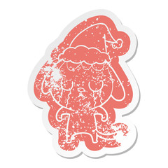 cute cartoon distressed sticker of a dog crying wearing santa hat