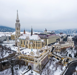 Budapest, Hungary - Aerial view of the famous Fisherman's Bastion and Matthias Church on a snowy...