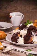 Chocolate profiteroles.