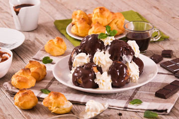 Chocolate profiteroles.