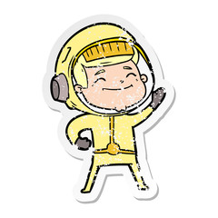 distressed sticker of a happy cartoon astronaut