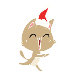 happy flat color illustration of a cat meowing wearing santa hat