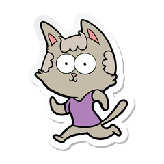 sticker of a happy cartoon cat jogging