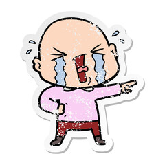 distressed sticker of a cartoon crying bald man