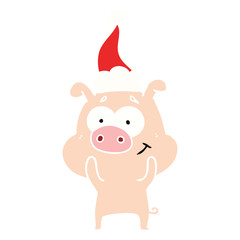 happy flat color illustration of a pig wearing santa hat