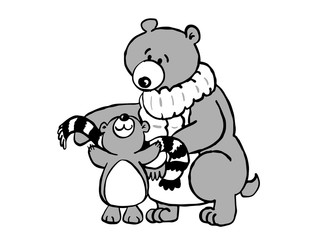 Bear mamma putting a scarf on cub