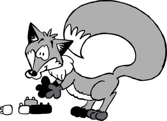 Fox playing with building blocks - black and white