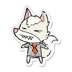 distressed sticker of a angry wolf boss cartoon
