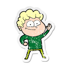 distressed sticker of a cartoon happy man