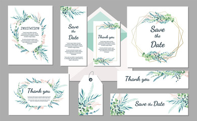 Set Wedding invitation vintage card with leaves and geometric frames. Vector illustration
