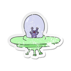 retro distressed sticker of a cartoon alien spaceship