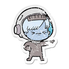 distressed sticker of a cartoon astronaut woman