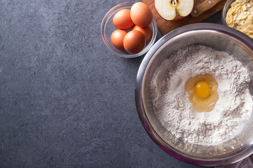 Ingredients for baking fresh pie. Top view. Copyspace