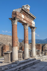 The city of Pompeii buried under a layer of ash by the volcano Mount Vesuvius