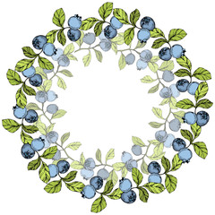 Vector Blueberry blue and green engraved ink art. Berries and green leaves. Frame border ornament square.