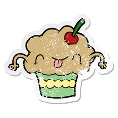 distressed sticker of a cartoon cupcake