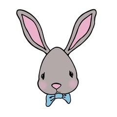 Fototapeta premium Cute little hare with pink cheeks and a blue bow tie on a white background