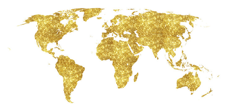 Golden world map concept illustration, gold planet geography icon made of golden glitter dust on white background.